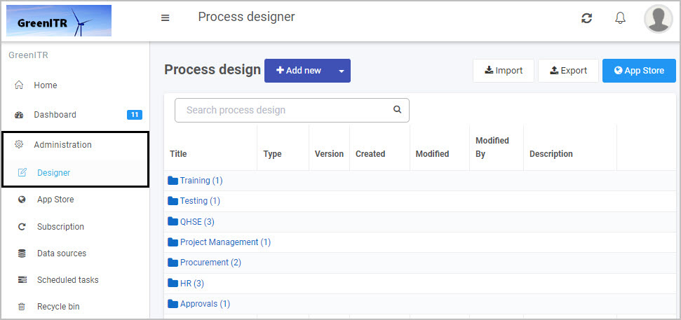 Opening Designer from left side menu by choosing Administration>Designer