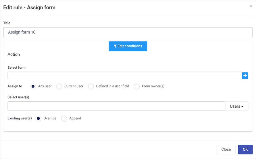 Edit rule - Assign form dialog box