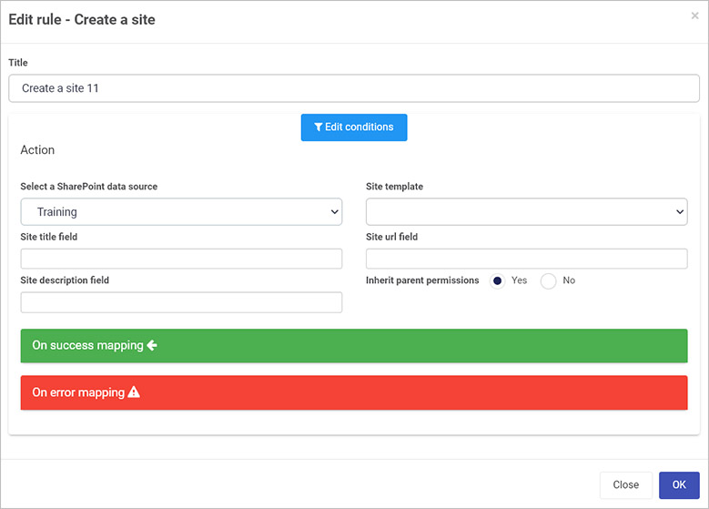 Create a site rule dialog box