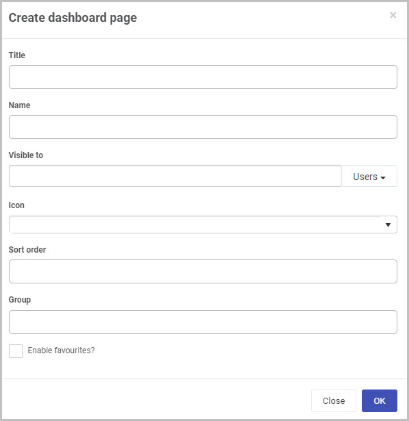 Create dashboard page dialog box