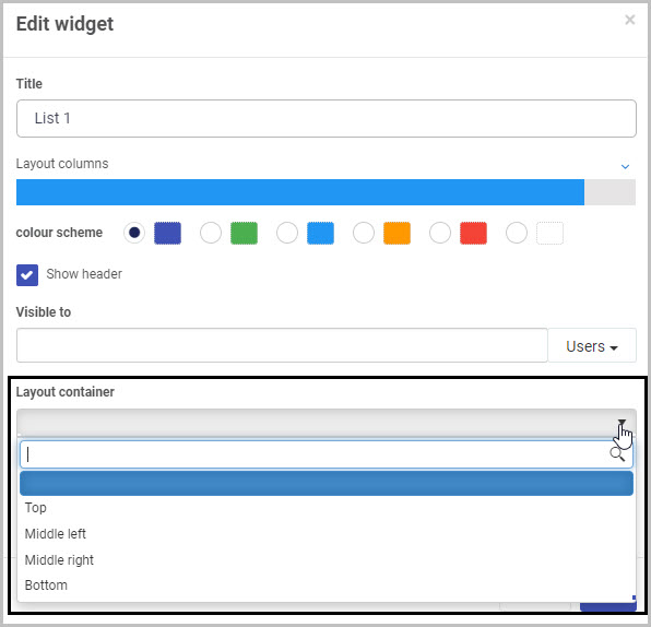 Dashboard widget assign to layout container