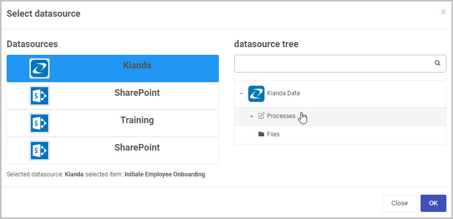 Dashboard Filter widget Select datasource Kianda process