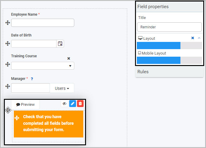 Panel field properties