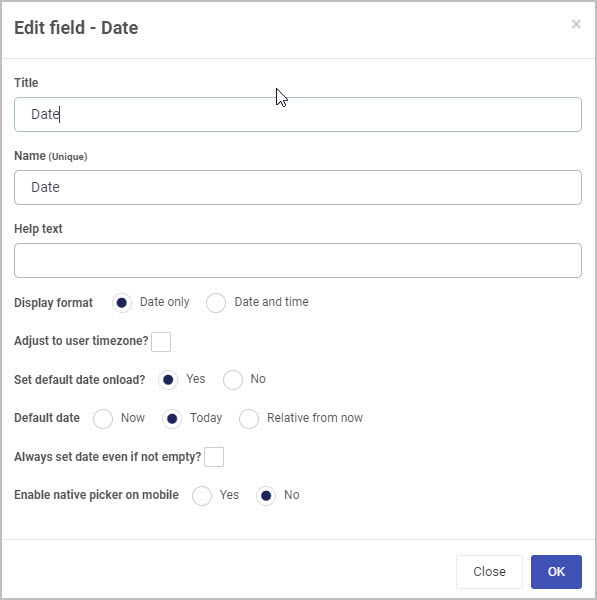 Edit date field dialog box