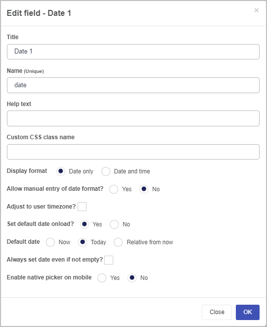 Edit date field dialog box