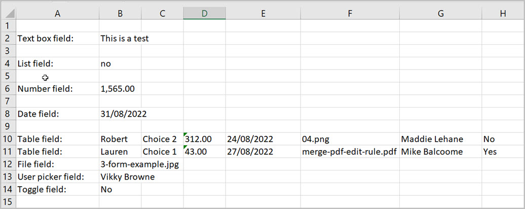 Excel workbook result from a process instance