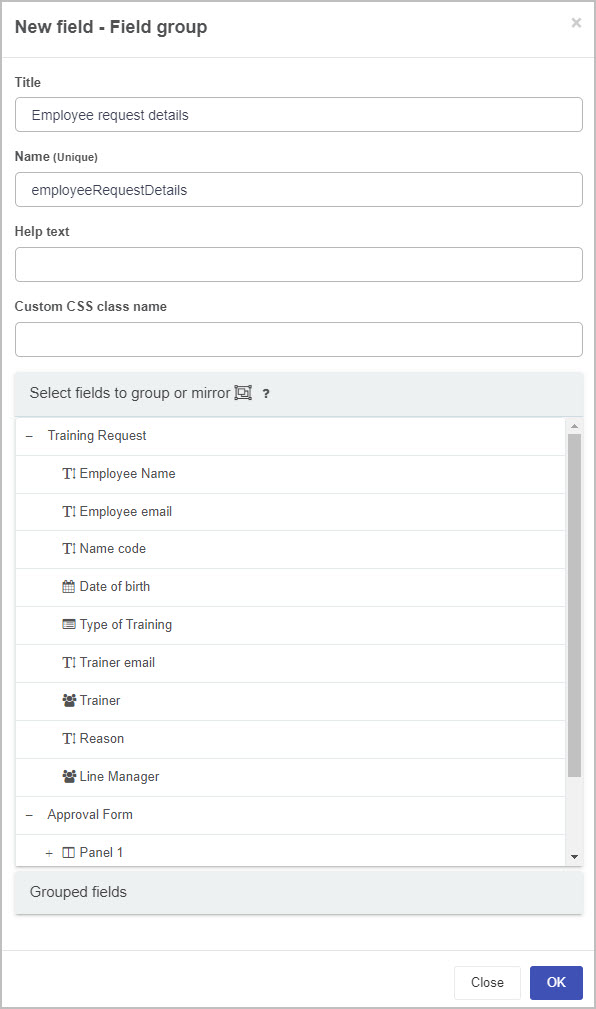 New field group dialog box