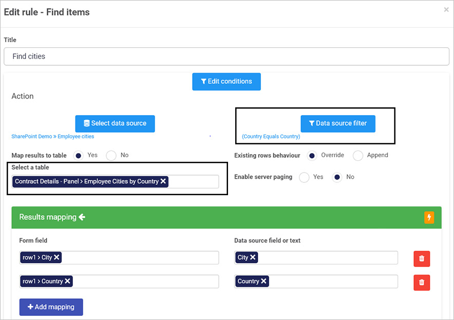 Find items rule populating a table