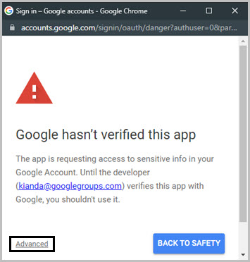 Google drive authentication window