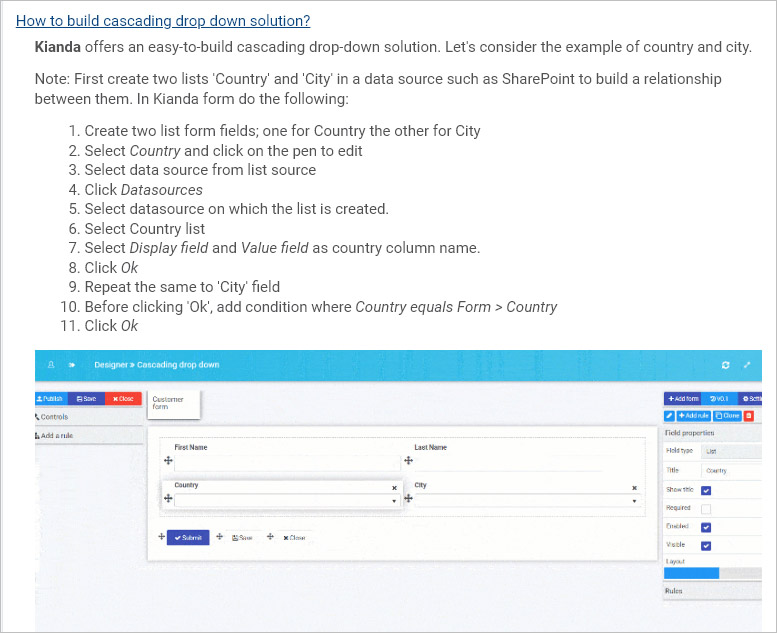 Example of a help topic on cascading lists