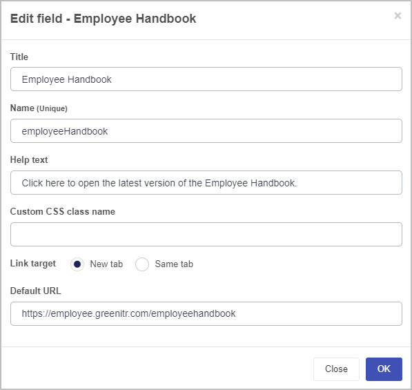 Link field Edit field dialog box