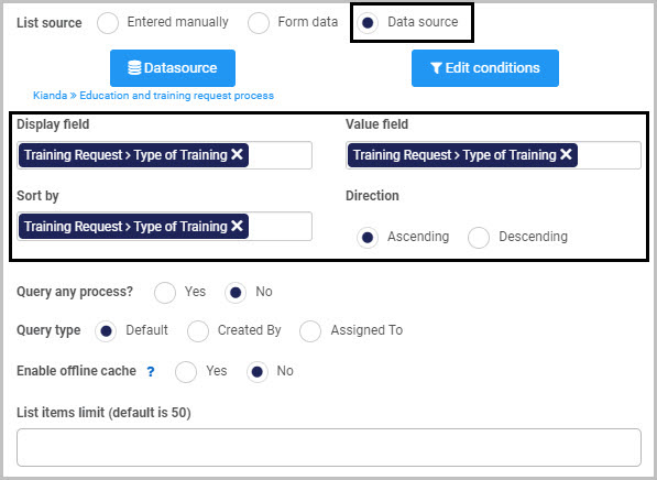 List field Data source options example