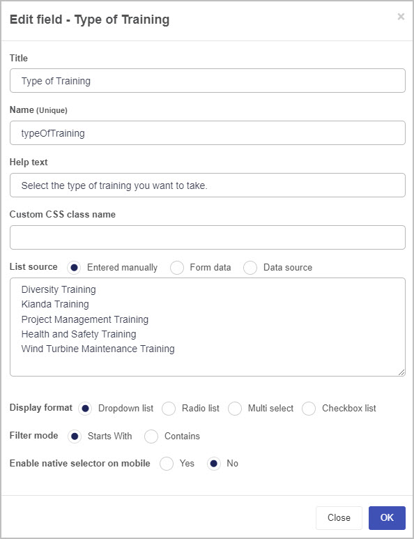 Edit date field dialog box