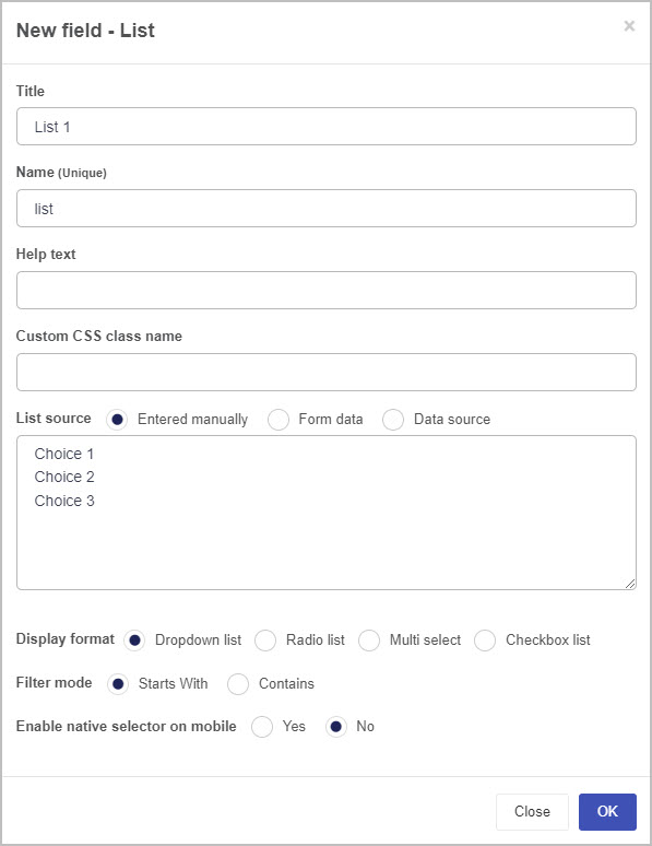 New list field dialog box