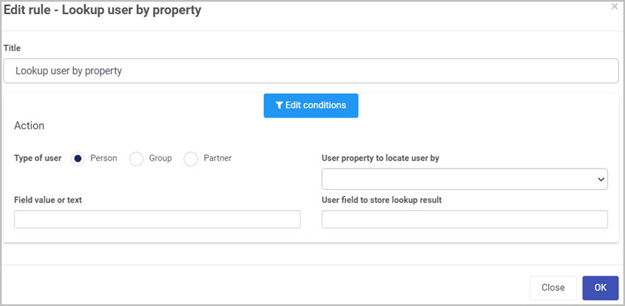 Lookup user by property - edit rule dialog box