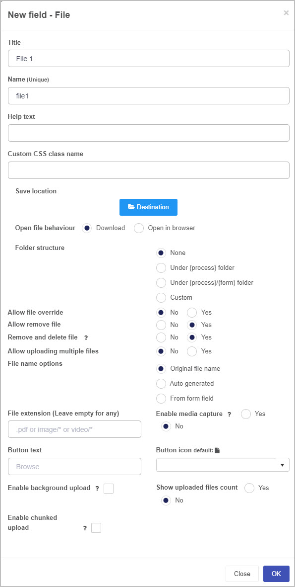 Edit file upload field dialog box