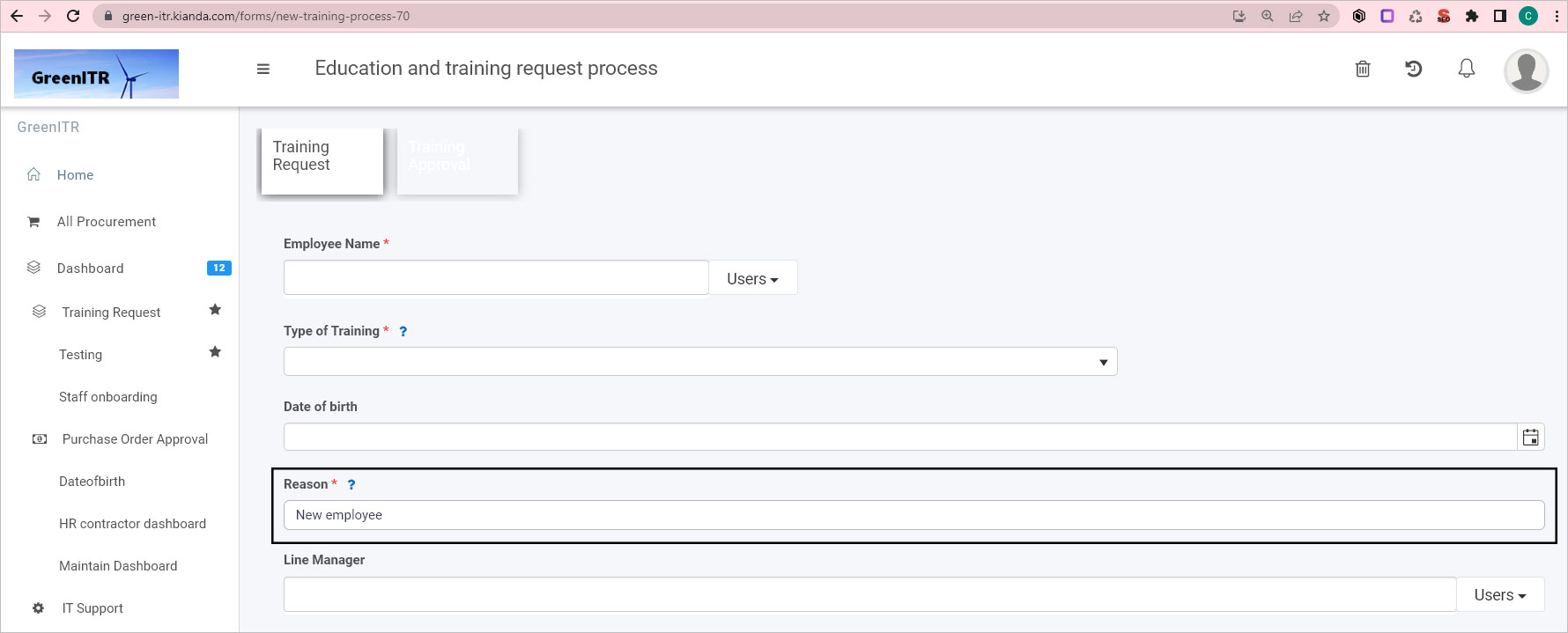 New training process instance with field populated