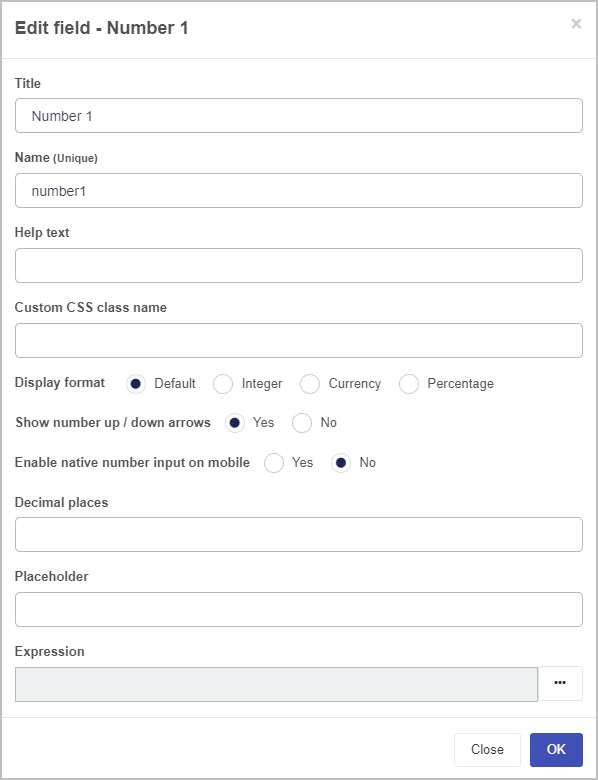 Edit number field dialog box