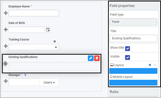 Panel field properties