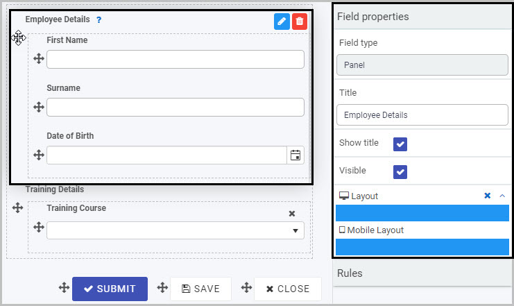 Panel field properties