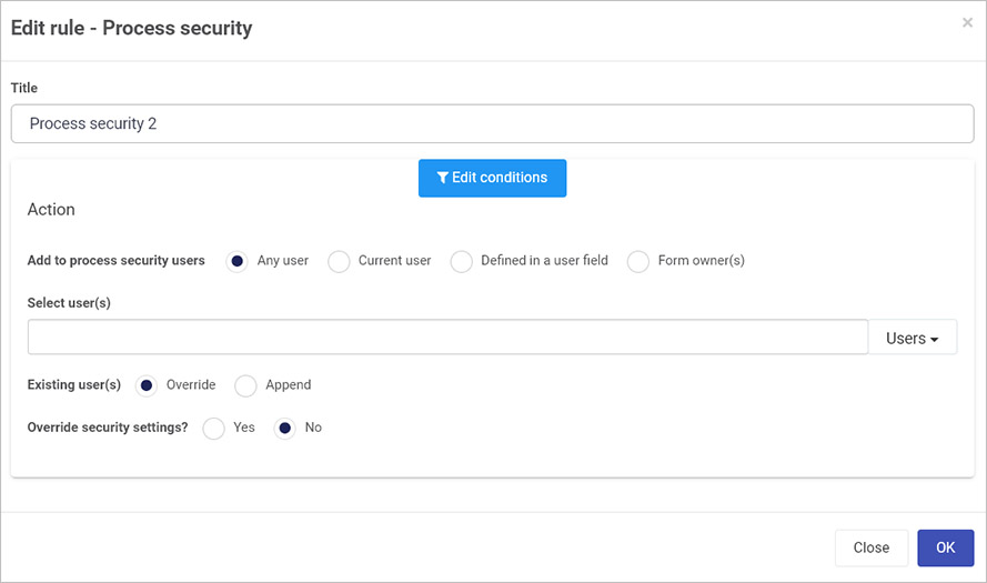 Edit rule - Process security dialog box