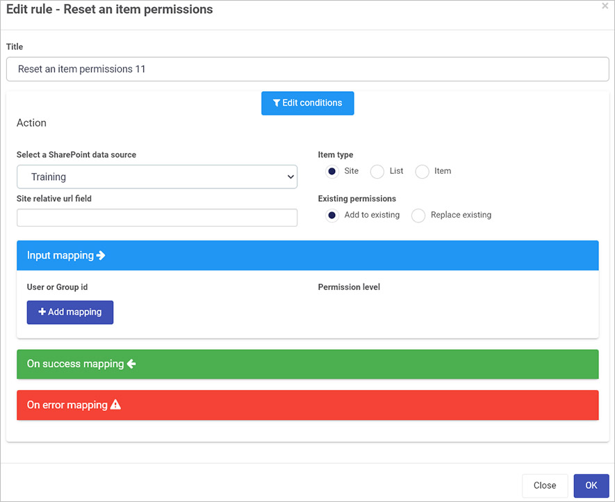 Reset an item permissions dialog box