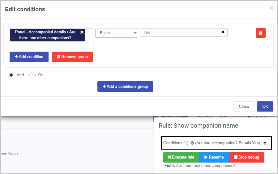 Conditions dialog for rule debugger