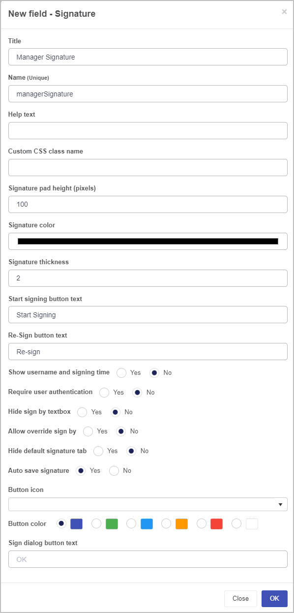 Signature field dialog box