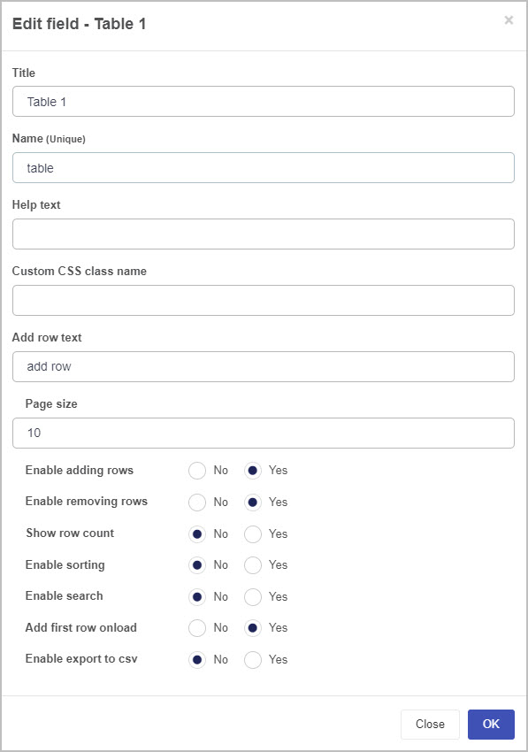 Edit table field dialog box