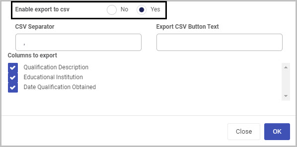 Table enable export to csv