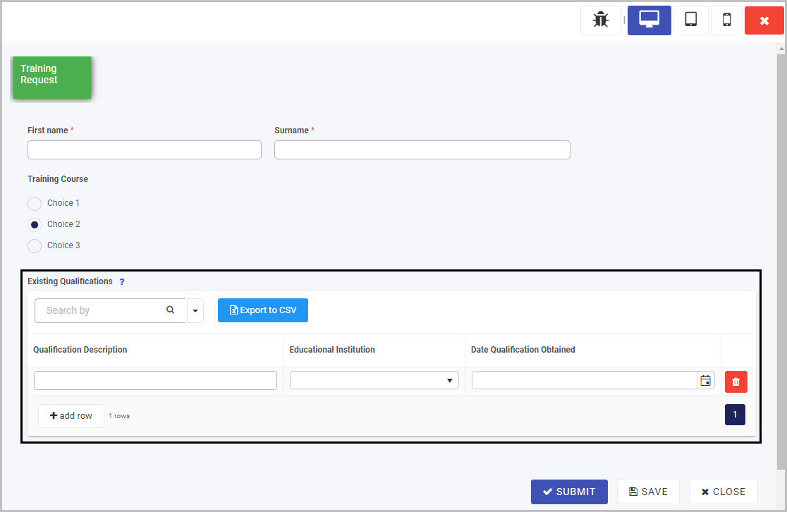 Sample table in preview