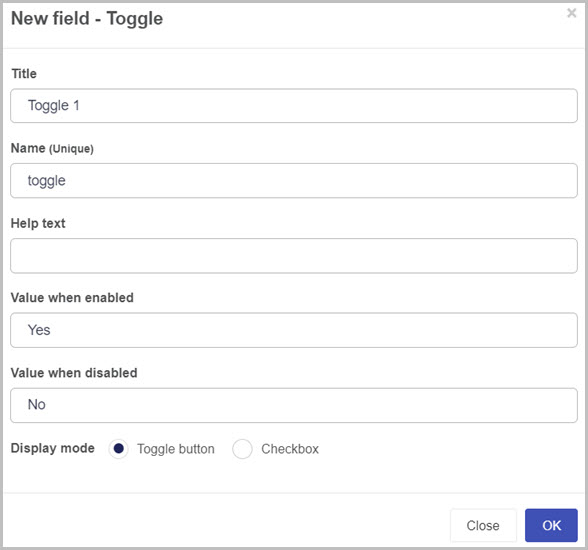 New toggle field dialog box