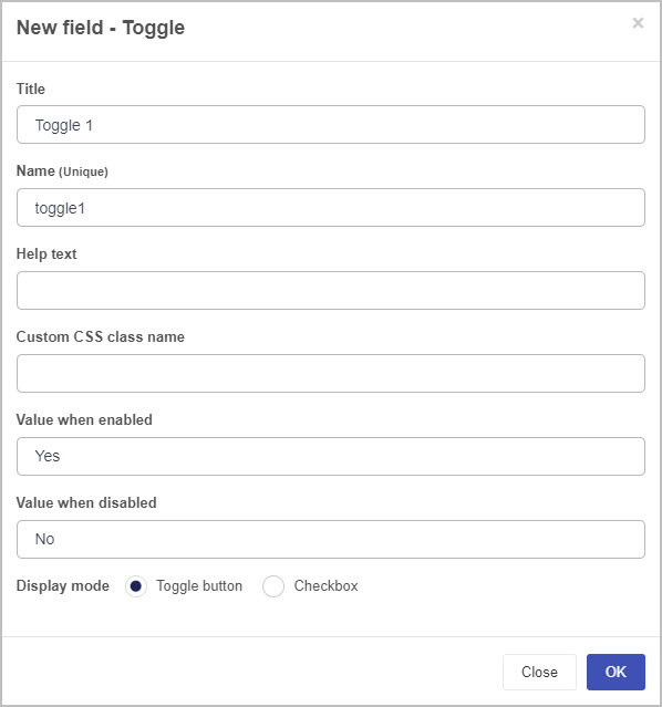 New toggle field dialog box