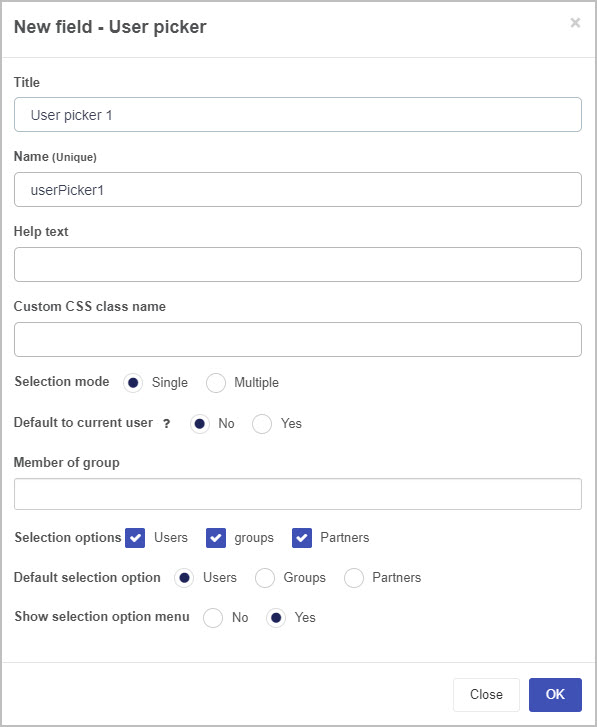 New field user picker dialog box