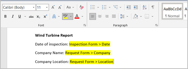 MS Word template containing Kianda form fields